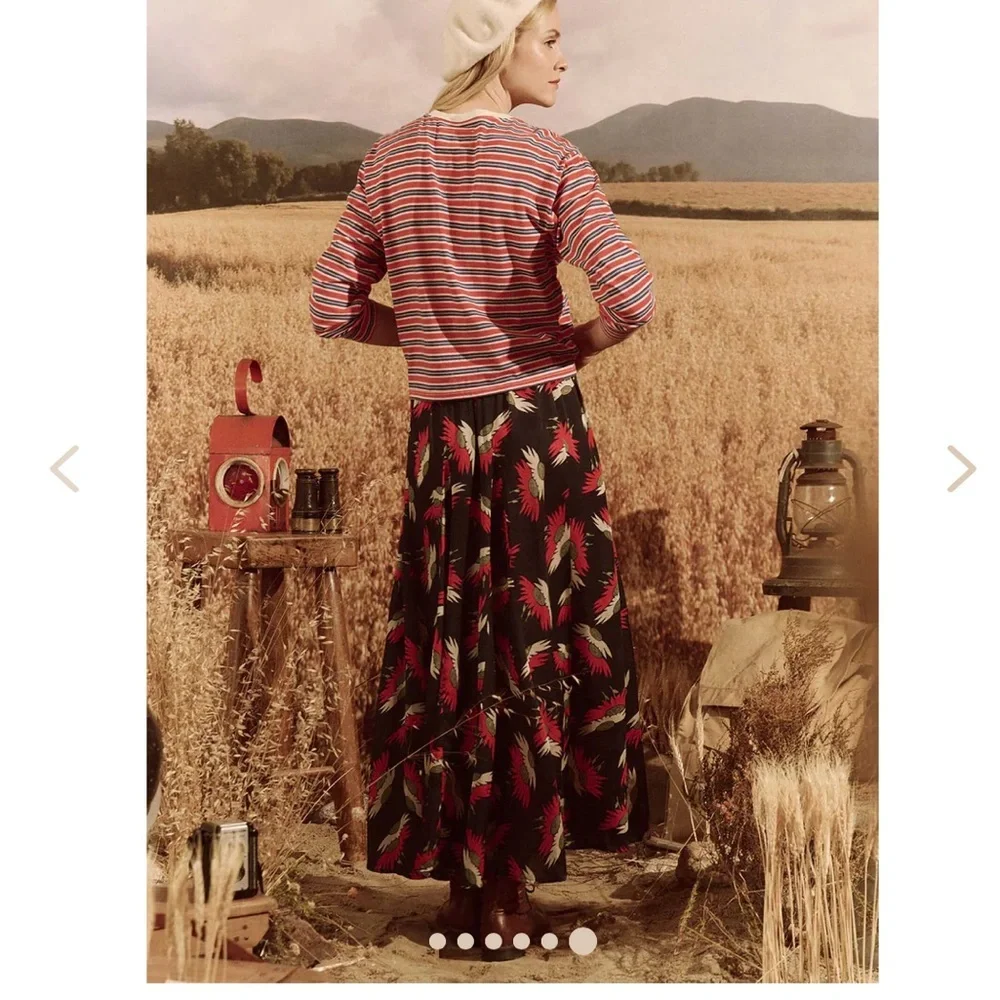 THE GREAT. Godet Navy Birds Paradise Maxi Skirt Red Feather Small - Picture 4 of 15